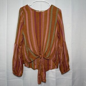 Harper Heritage Striped Tie Front Blouse Medium Orange Multi Balloon Sleeve